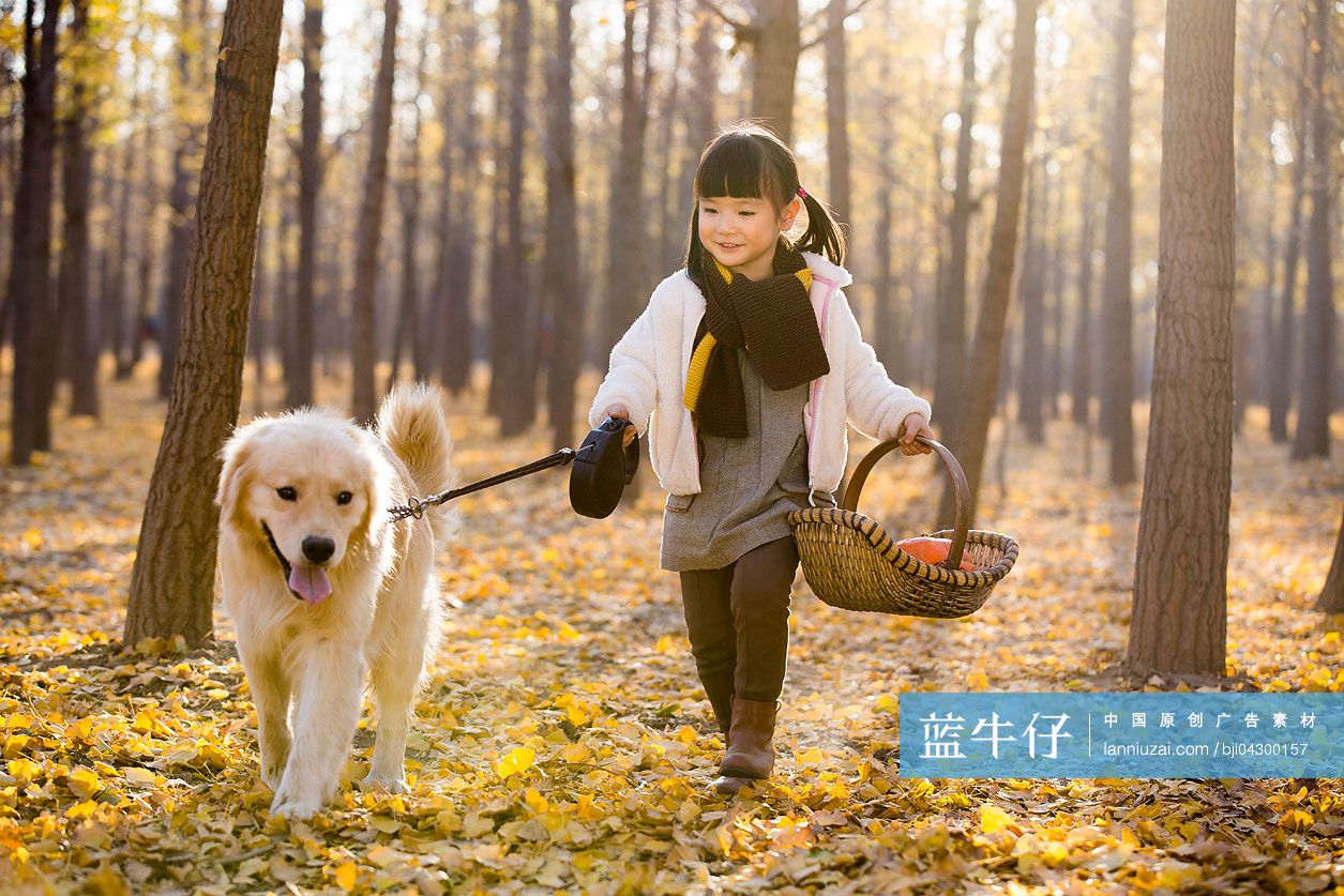 小女孩拎着篮子在树林里遛狗