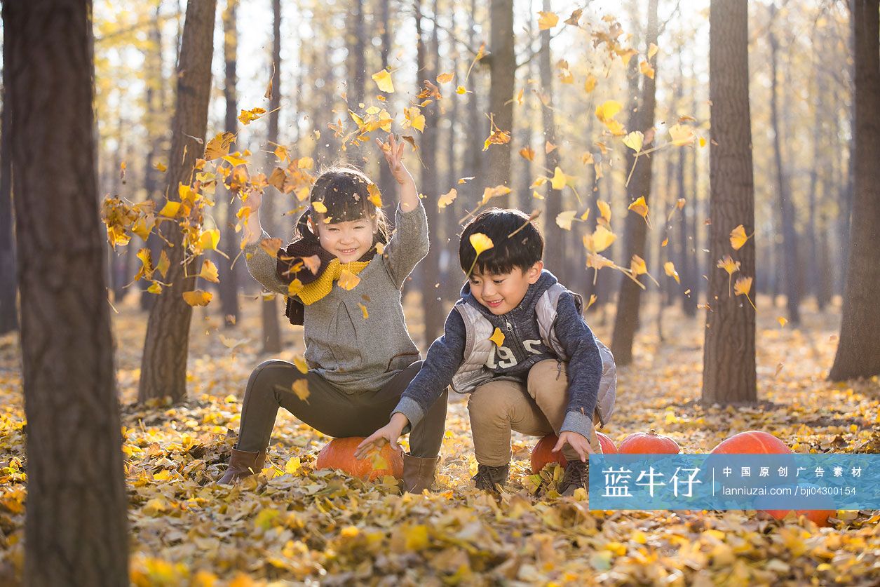 两个小孩在秋日的树林里玩树叶-蓝牛仔影像-中国原创广告影像素材