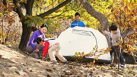 Happy young Chinese family camping in forest,HD