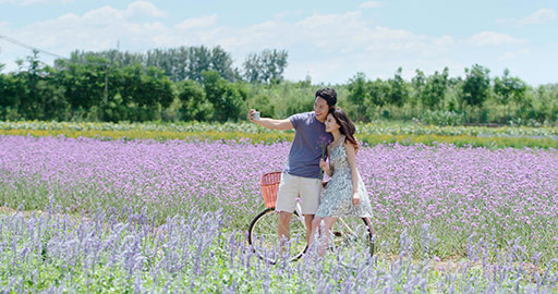 Happy young Chinese couple taking selfie in flower field,4K