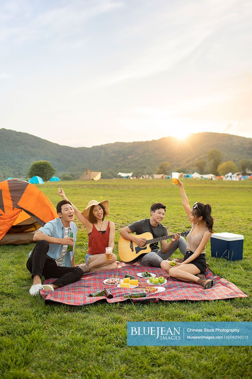 Happy young Chinese friends having a picnic outdoors