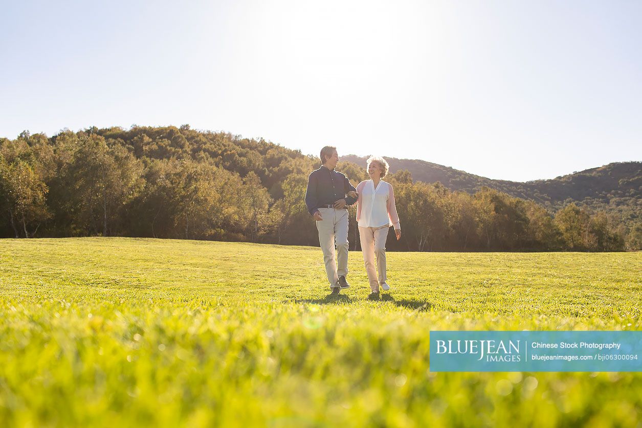 Happy senior Chinese couple relaxing on meadow