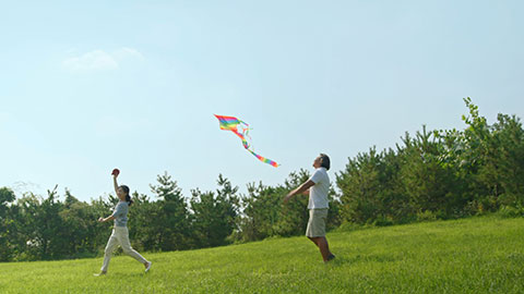开心的中老年夫妇在草地上放风筝