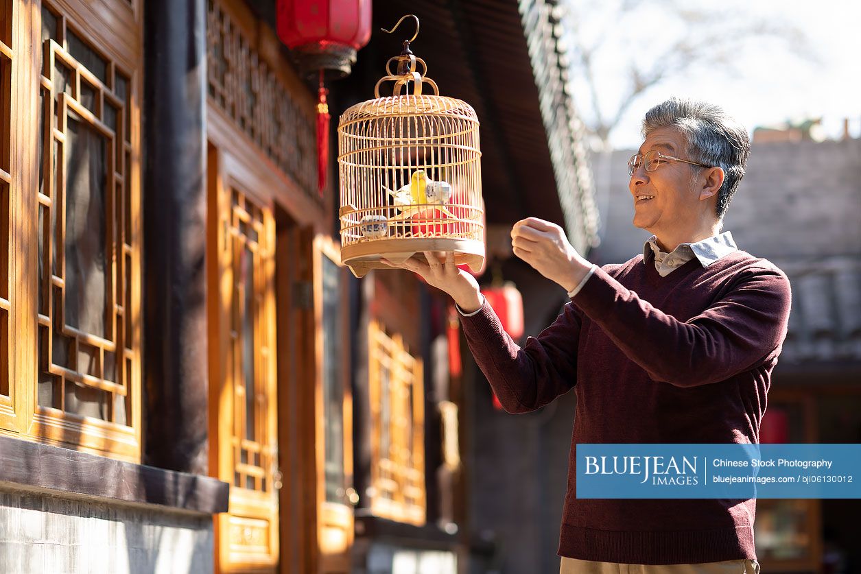 Happy senior Chinese man and pet birds in yard