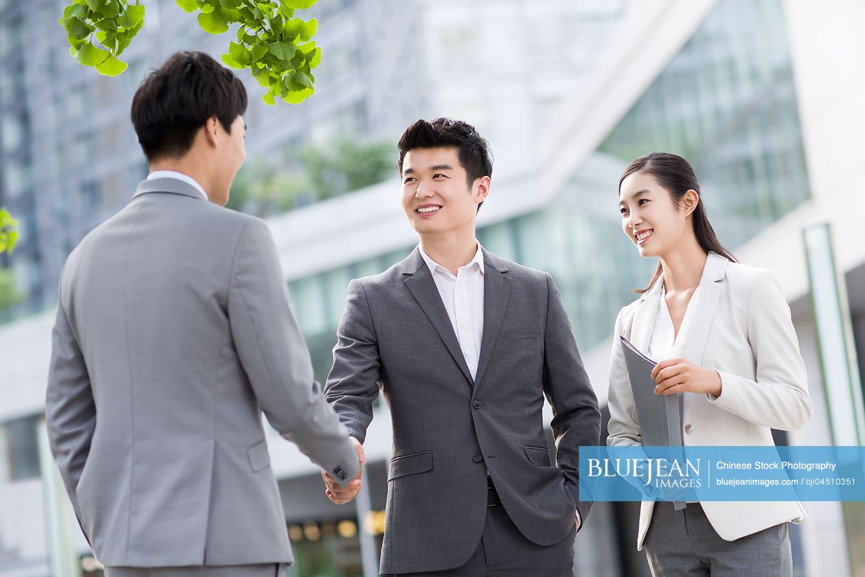 Young Chinese business person shaking hands outdoors