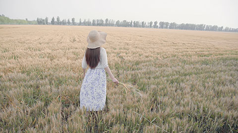 Happy young Chinese woman in wheat field,4K