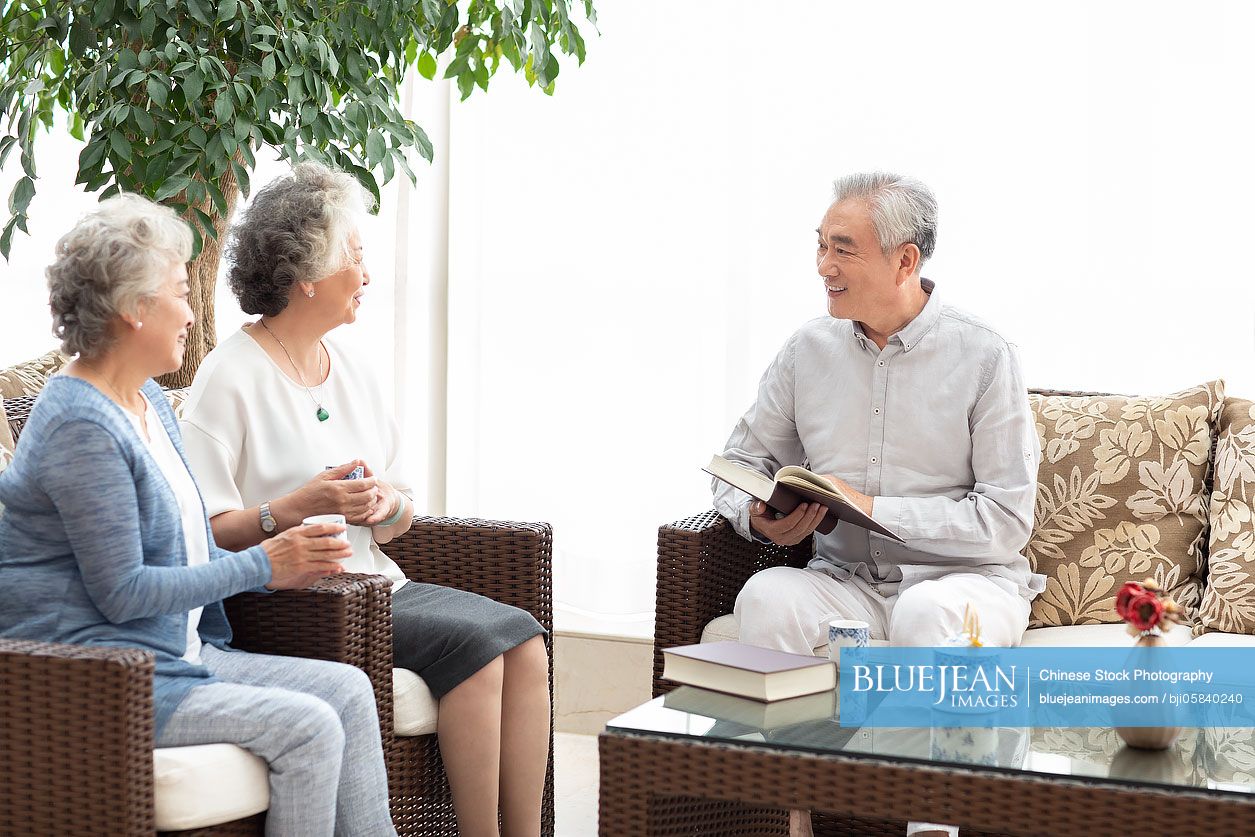 Happy senior Chinese friends talking in living room