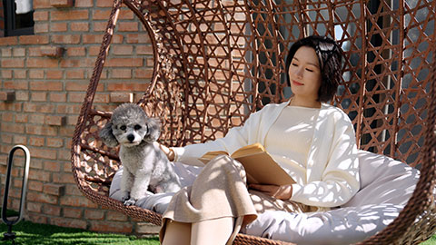 Happy young Chinese woman with pet dog on hanging-chair,4K