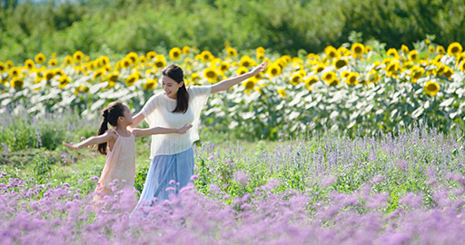 Happy Chinese mother and daughter playing in flower field,4K