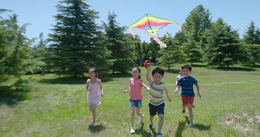 Happy Chinese children flying kite on meadow,4K