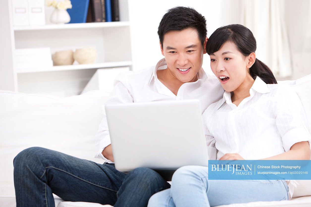 Young Chinese couple using laptop in sofa