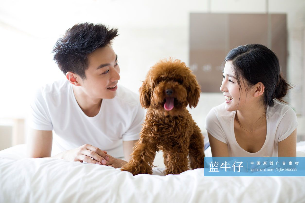 年轻夫妇和宠物狗在家嬉戏