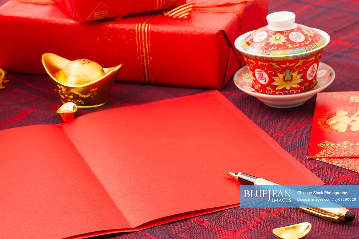 Chinese traditional items and greeting card for Chinese New Year