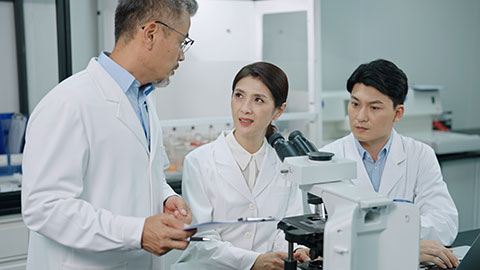 Chinese researchers discussing in laboratory,4K