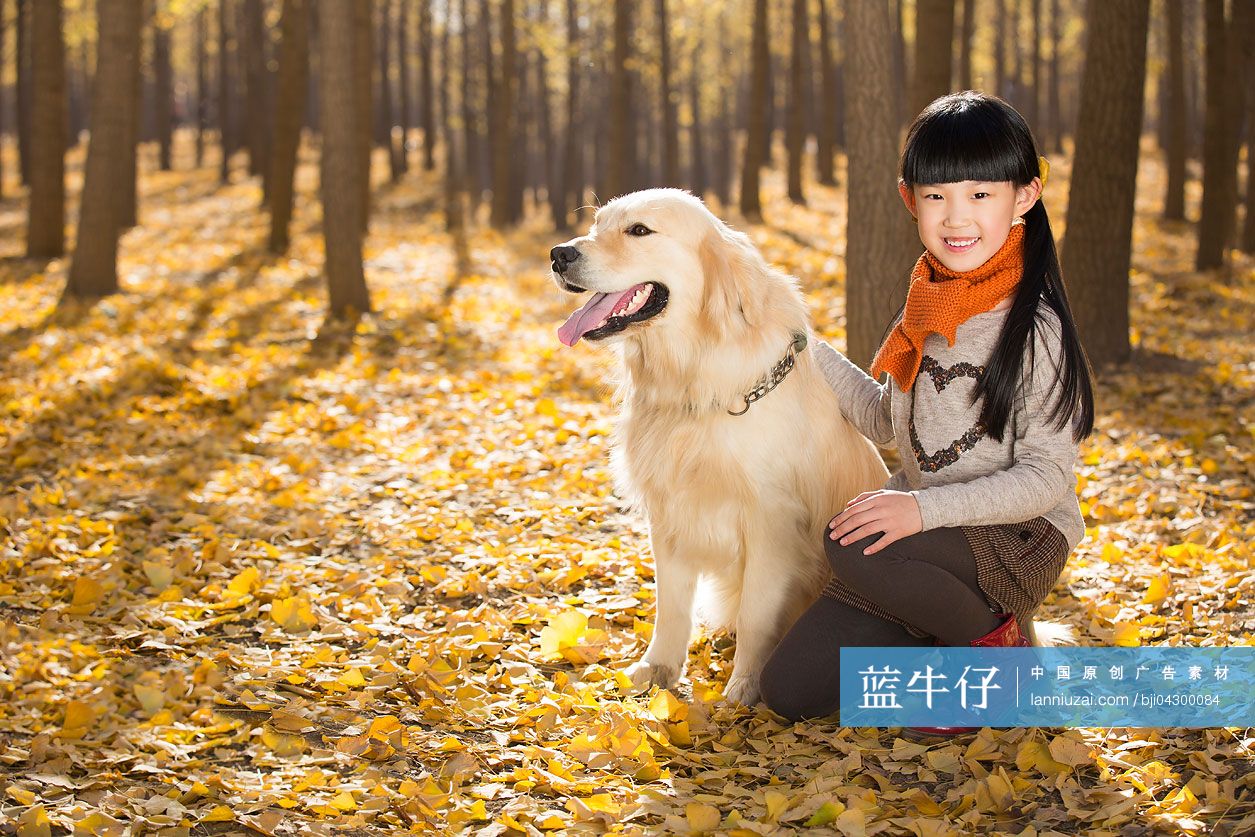 小女孩和宠物狗在秋日树林里奔跑-蓝牛仔影像-中国原创广告影像素材