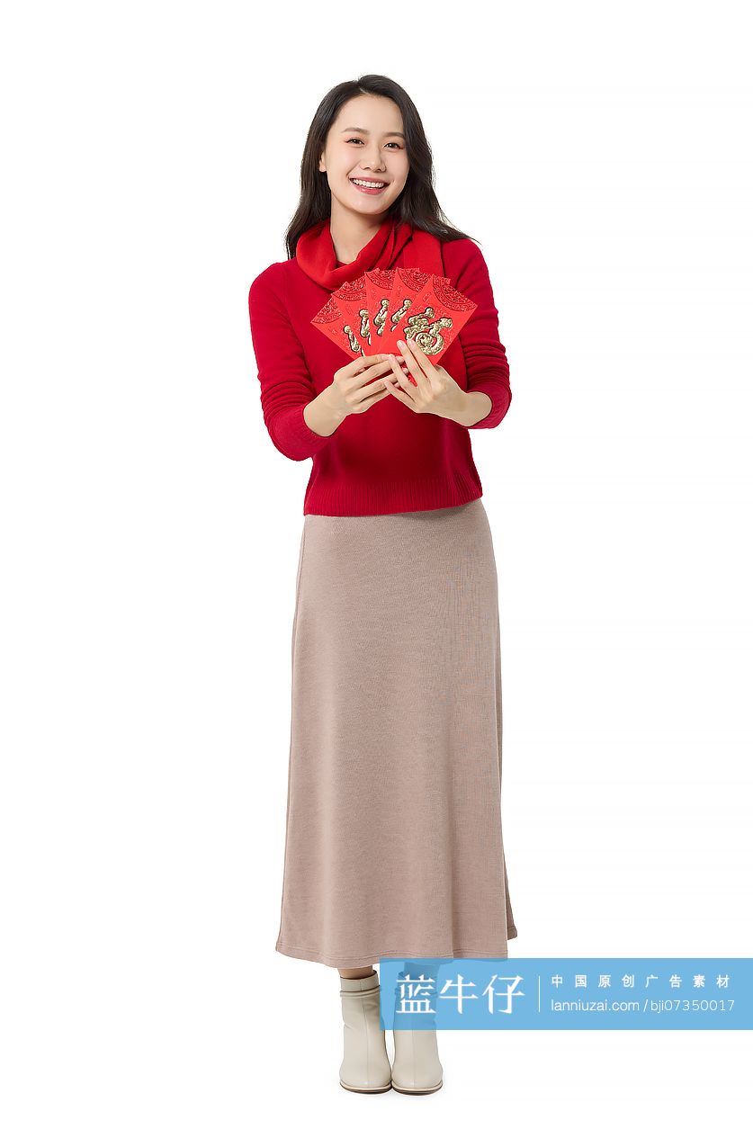 快乐的年轻女子与红包