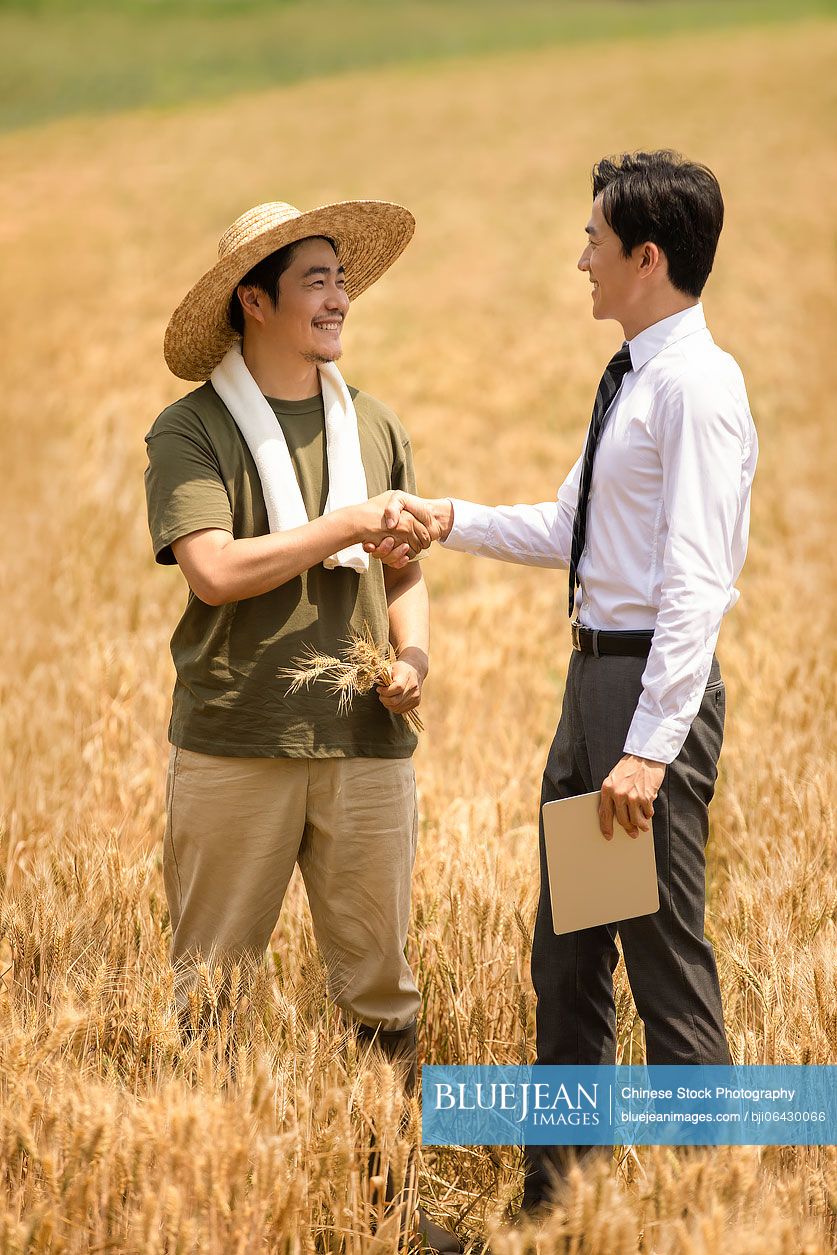 Chinese farmer shaking hands with businessman in wheat field