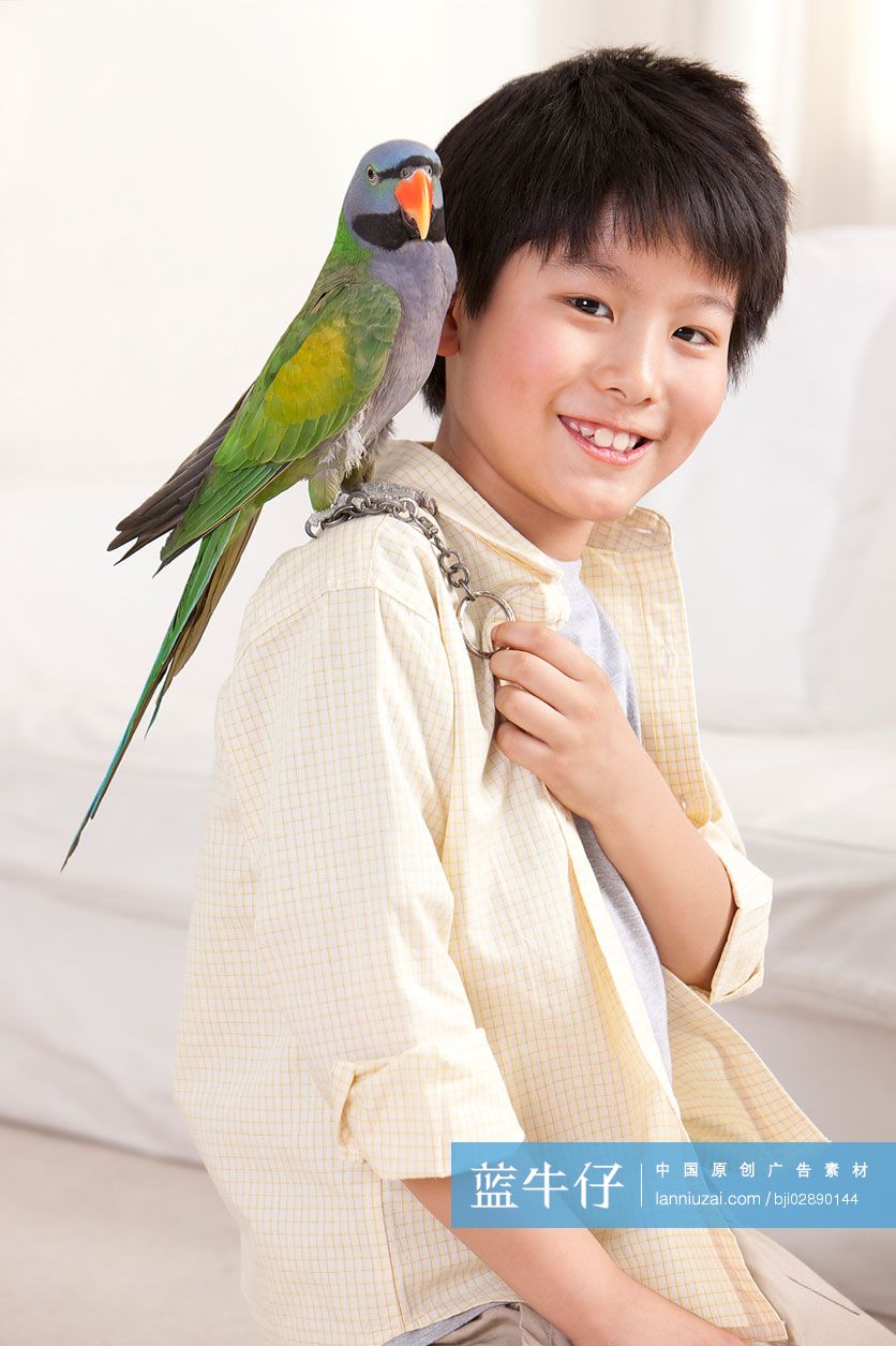 小男孩和鹦鹉一起玩耍