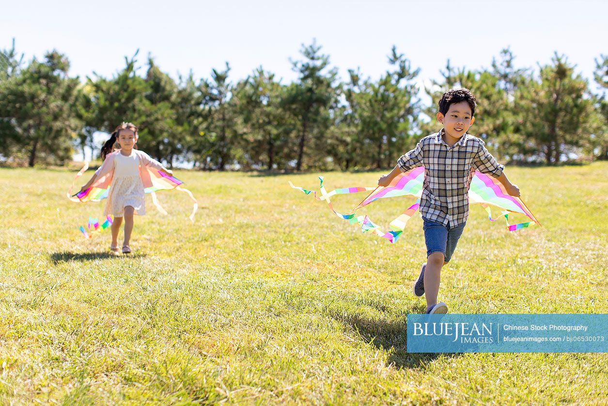 Happy Chinese children running with kites on meadow