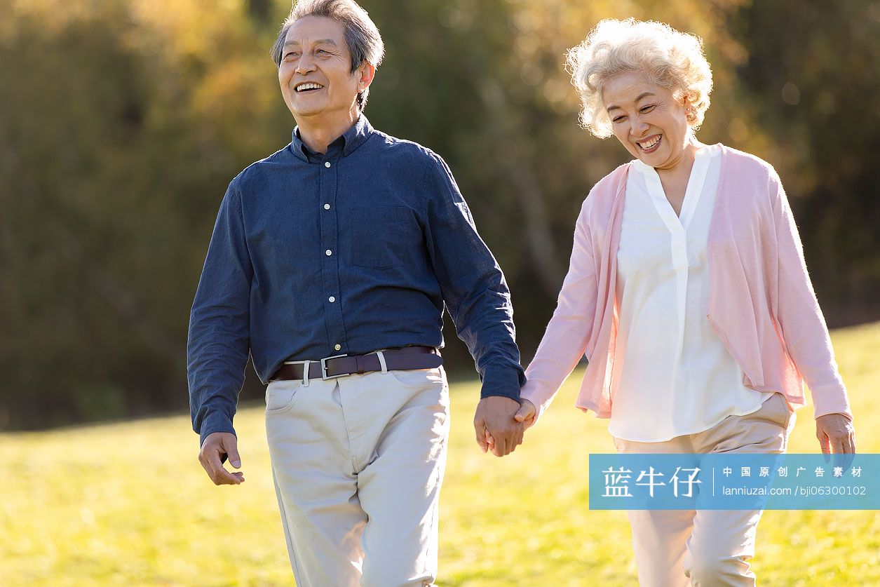快乐的老年夫妇手牵手在草地上散步