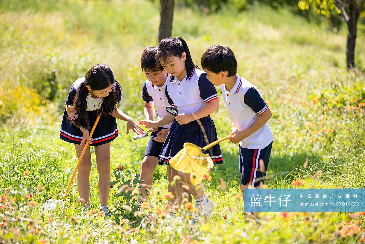 快乐的小学生在户外探索自然