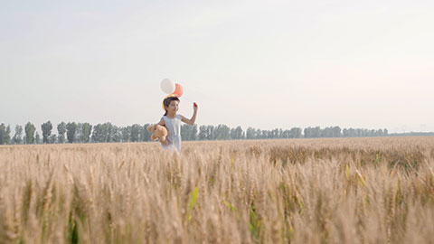 Little Chinese girl playing with balloons in wheat field,HD