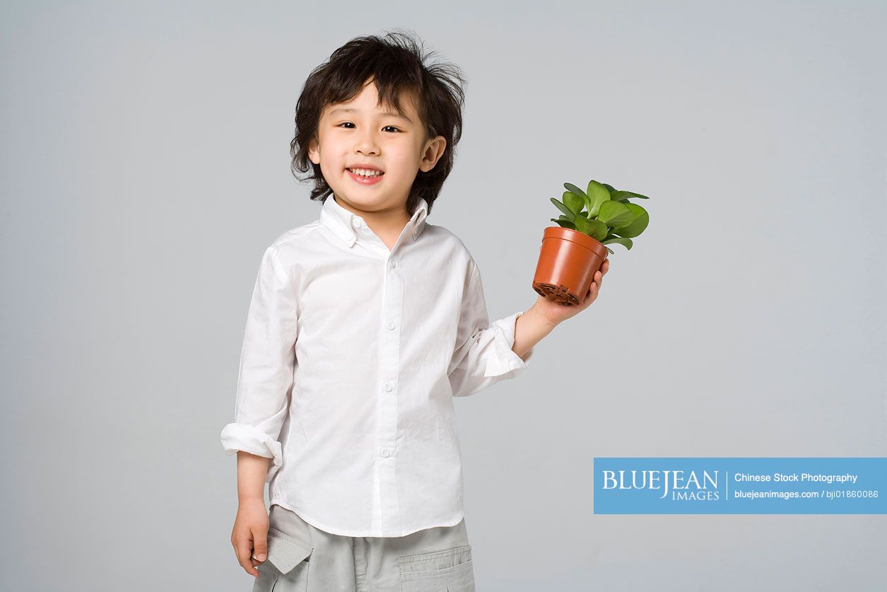 Little Chinese boy holding a plant
