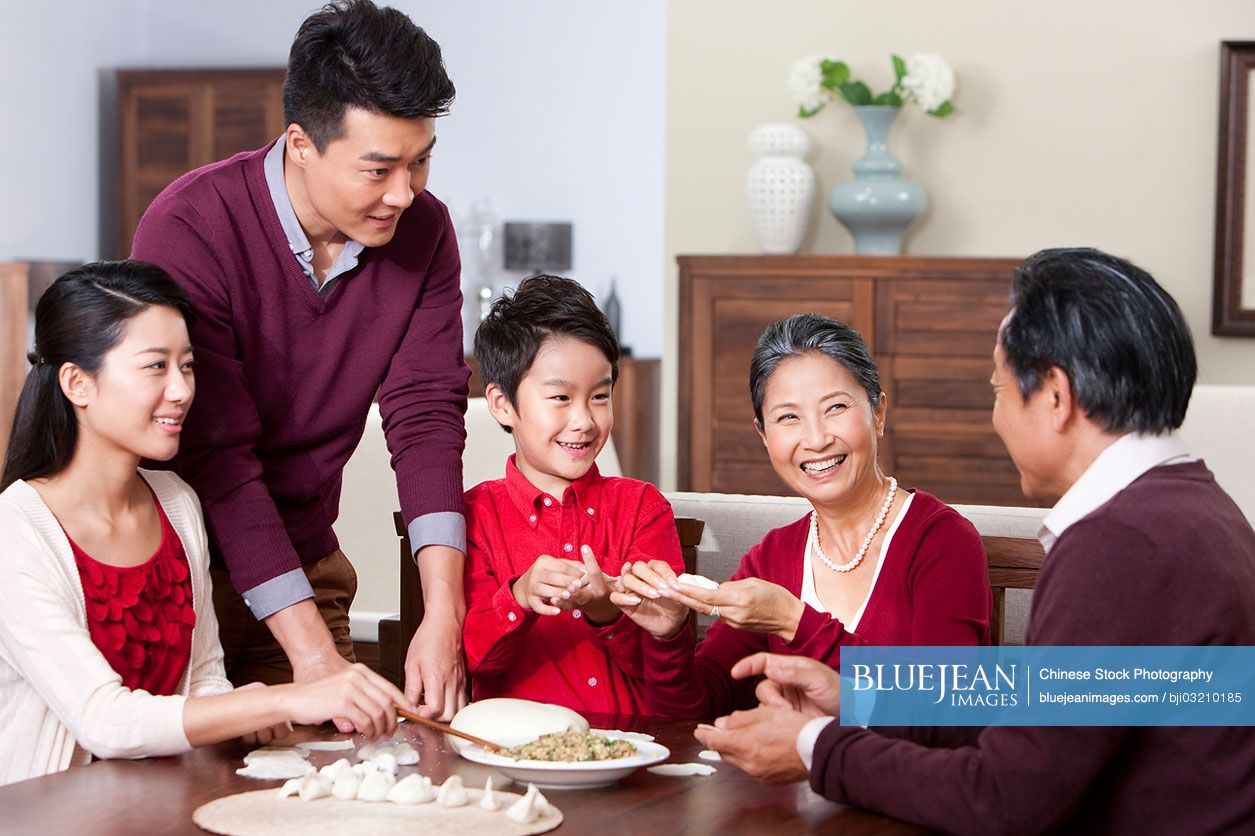 Cheerful family making Chinese dumplings during Chinese New Year