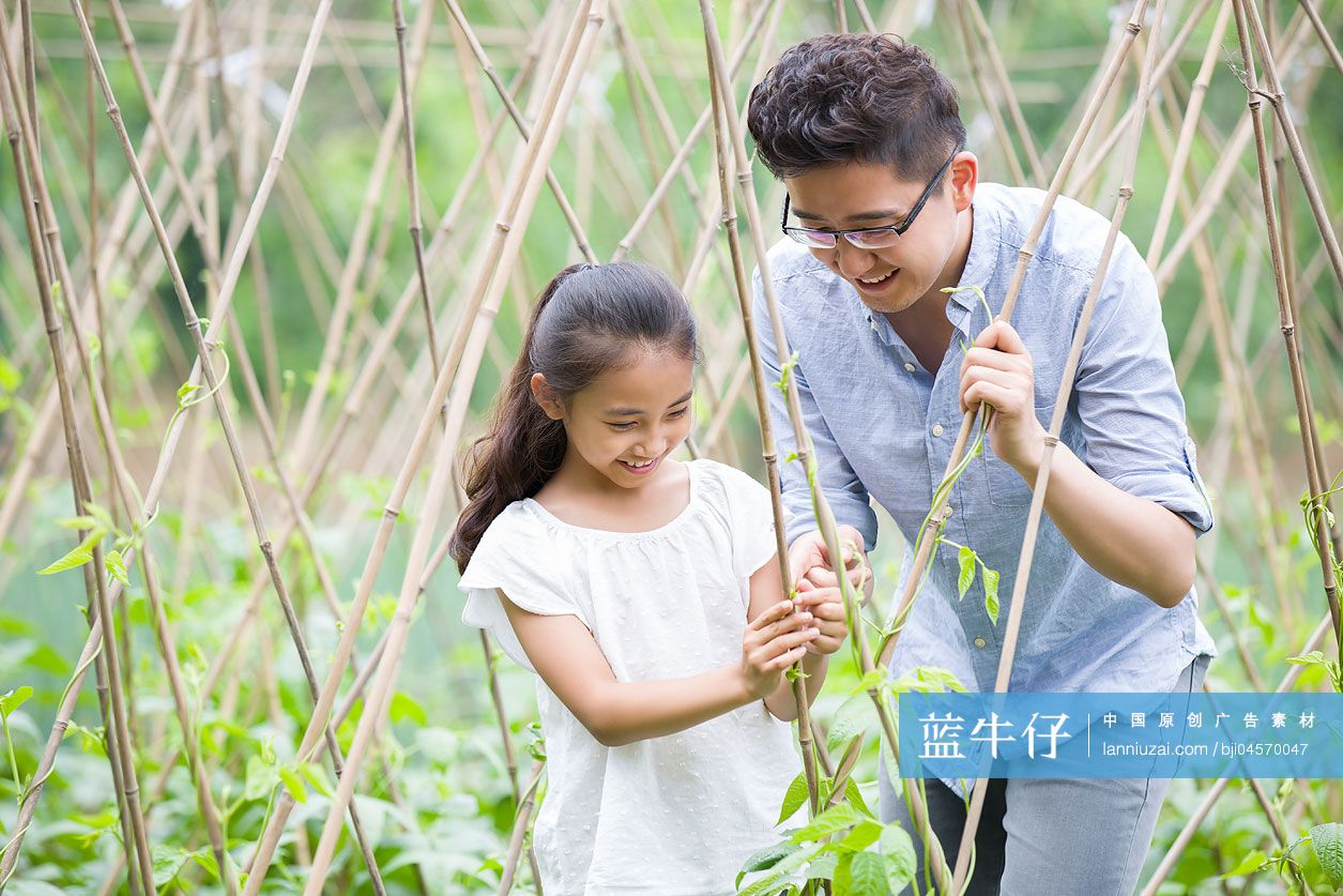 年轻父女在菜园劳动