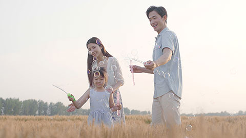 Happy young Chinese family blowing bubbles in wheat field,4K