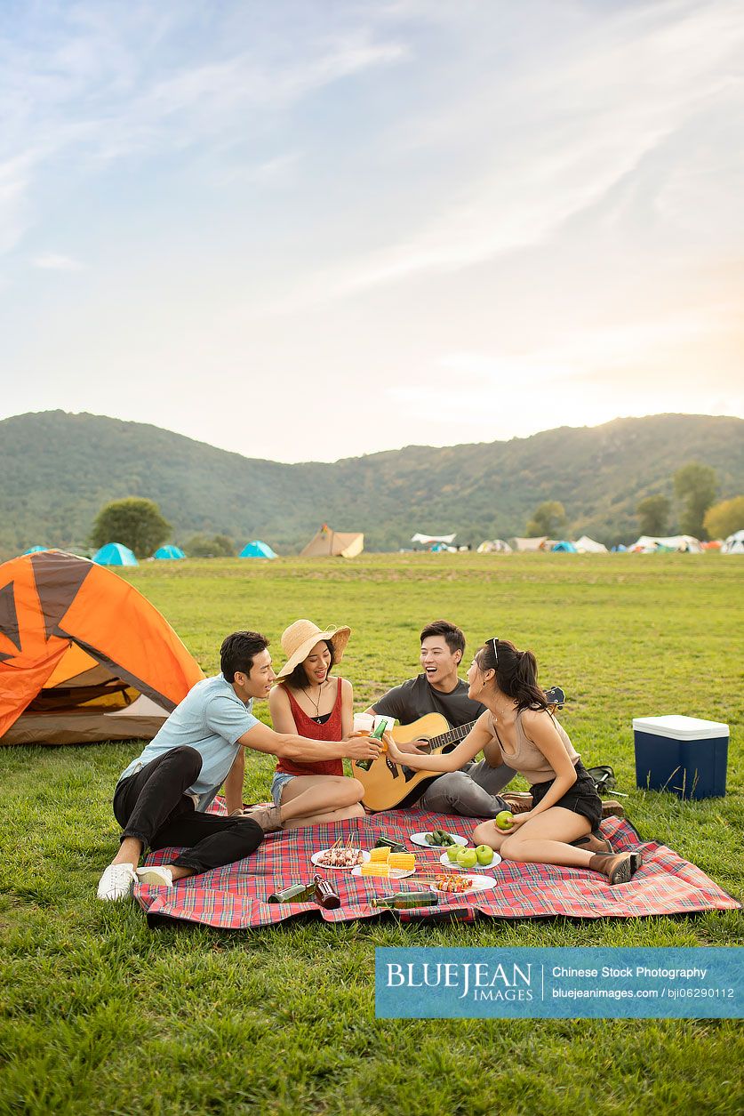 Happy young Chinese friends having a picnic outdoors