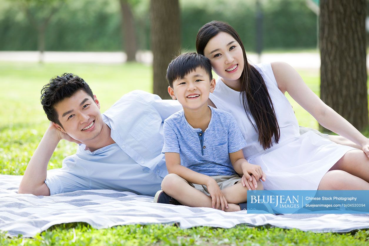 Happy young Chinese family sitting on grass-High-res stock photo for ...