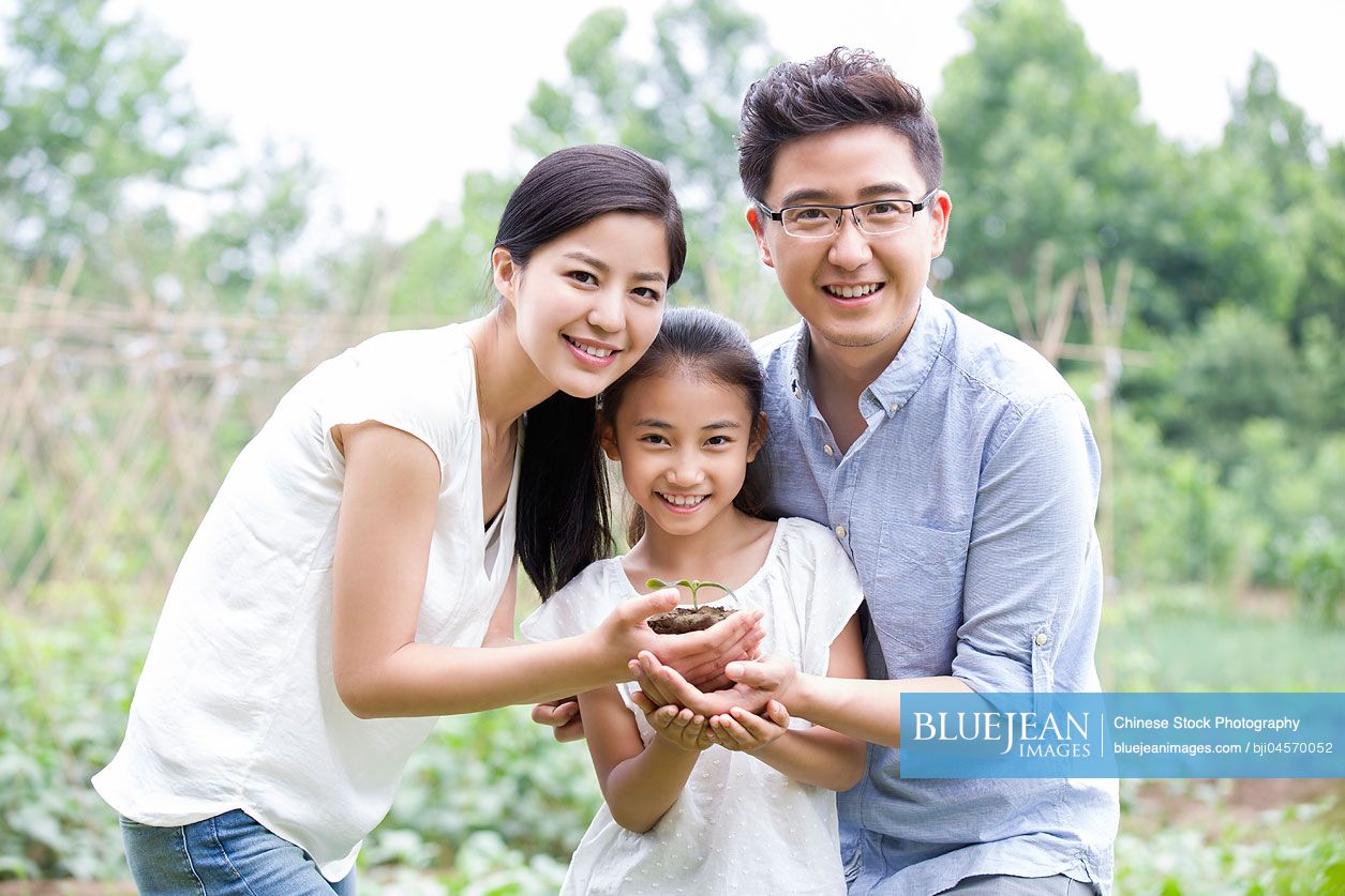 Young Chinese family holding a seedling together