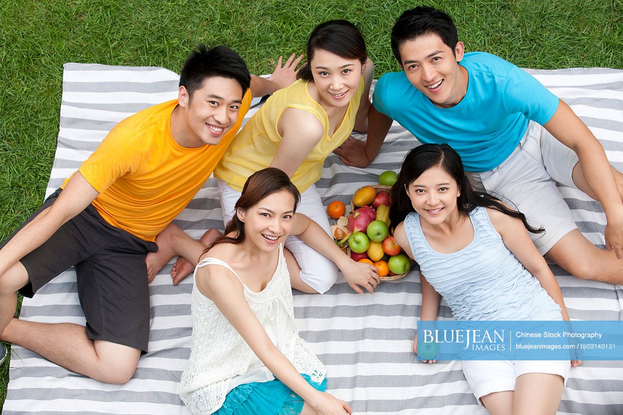 Young Chinese having picnic on meadow