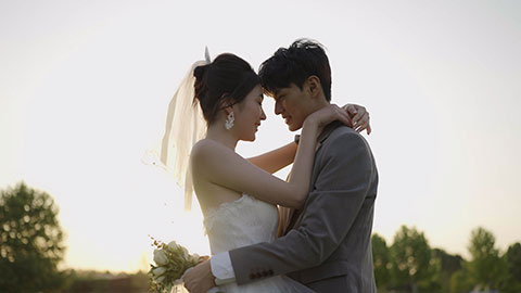 Sweet moment between bride and groom