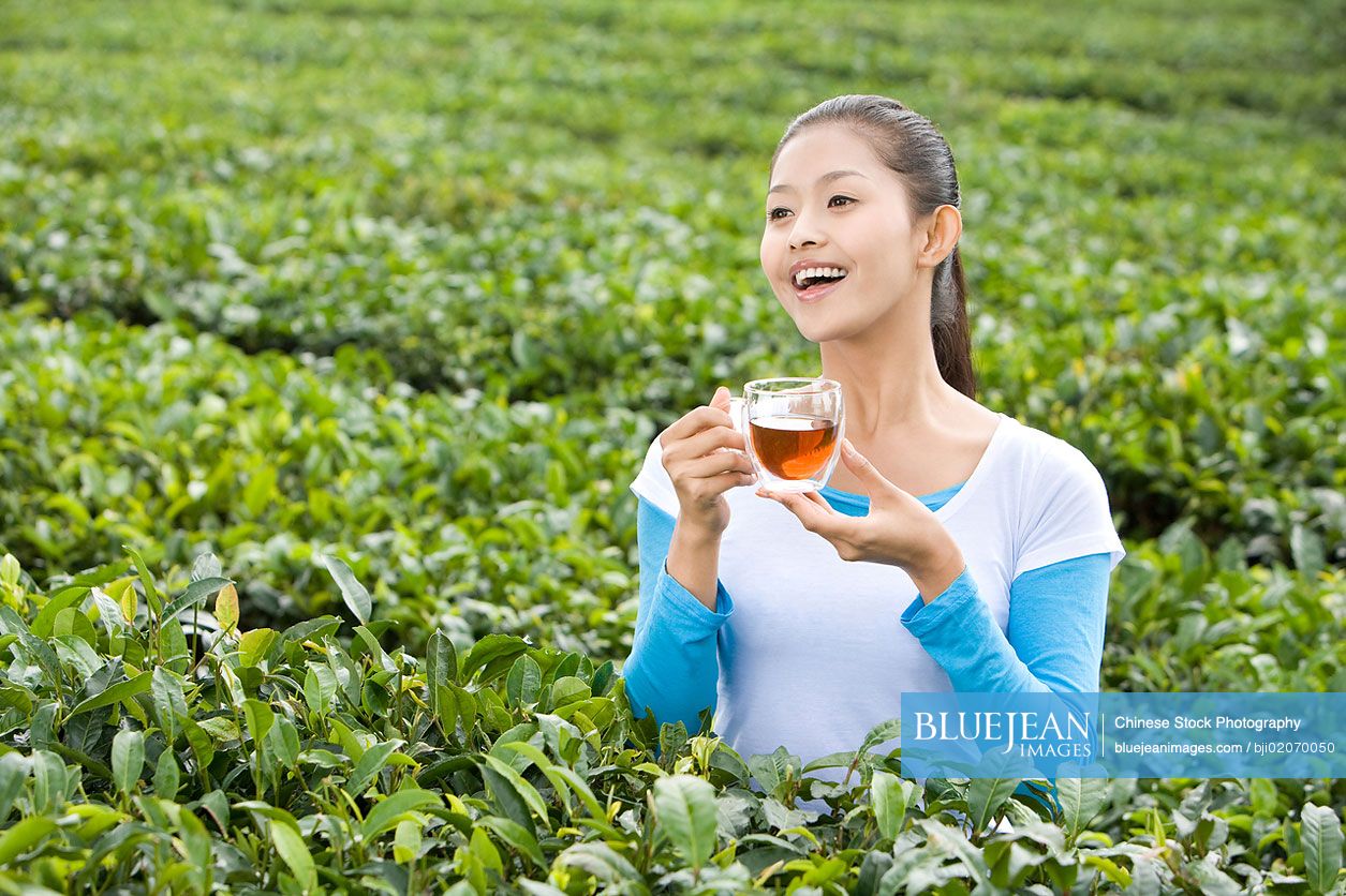 Young Chinese woman drinking tea in a tea field