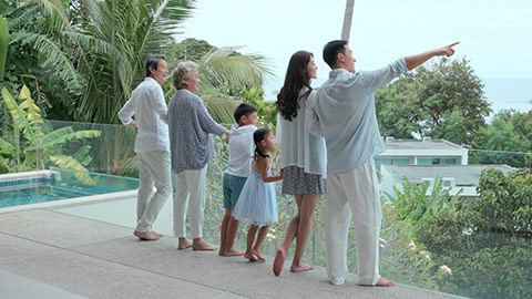 Happy Chinese family enjoying view on balcony,4K