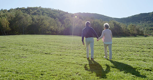 快乐的老年夫妇手牵手散步