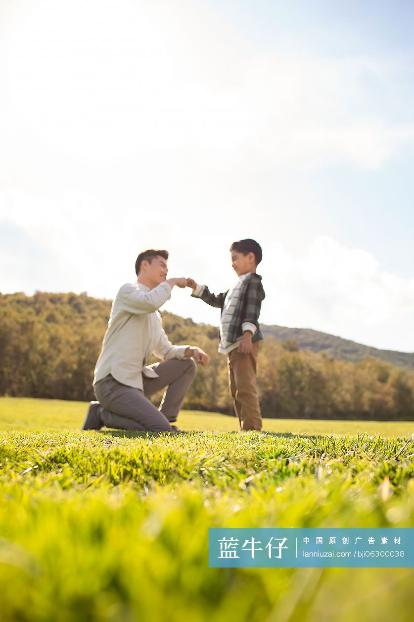 快乐的的父子俩在草地上玩耍