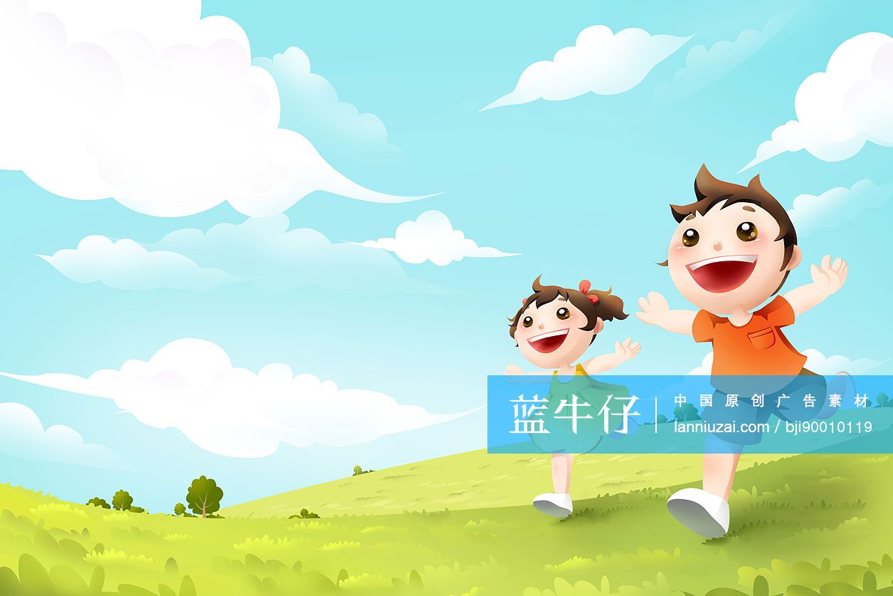 男孩女孩在草地上奔跑