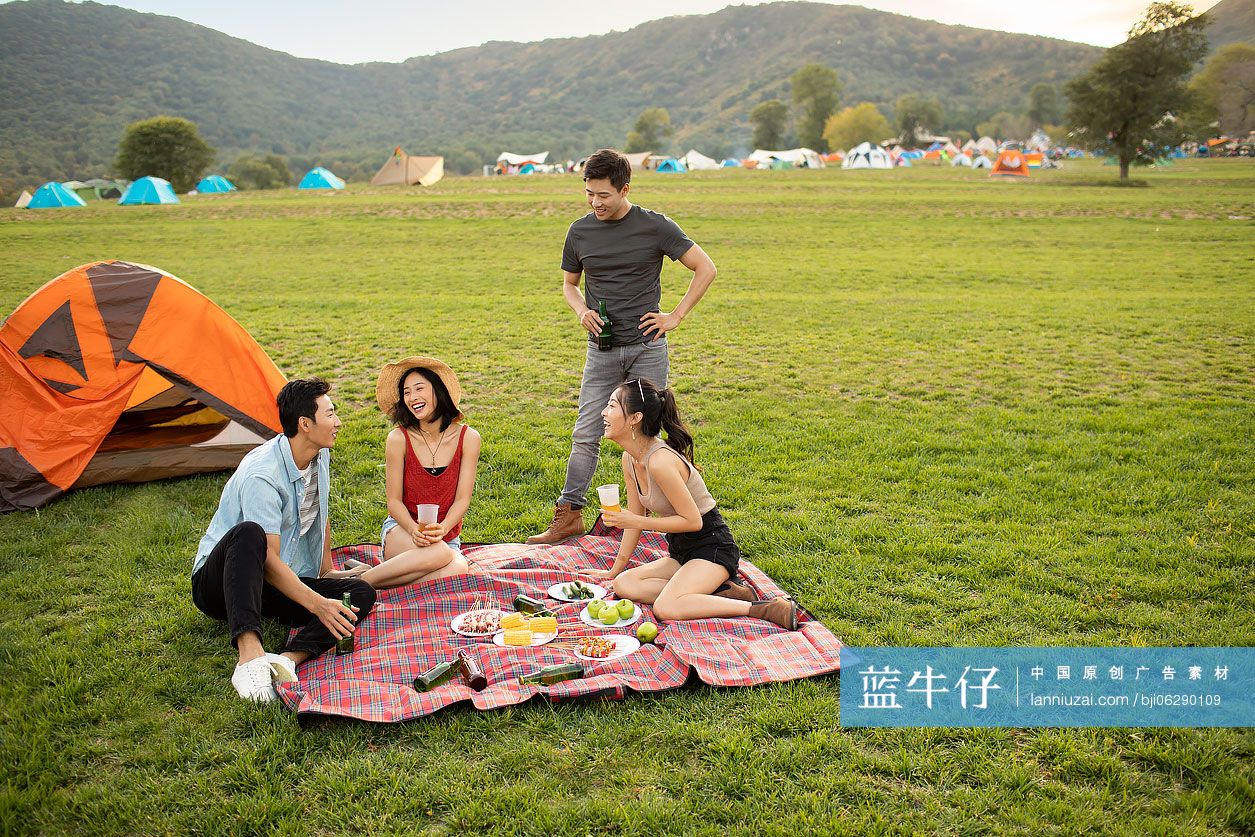 快乐的年轻朋友在户外野餐