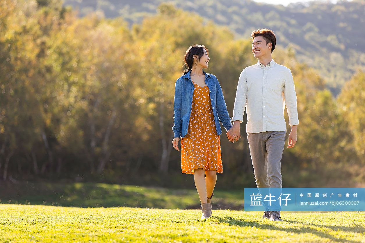 快乐的年轻情侣手牵手在草地上散步