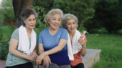 Happy senior Chinese friends relaxing in park,4K