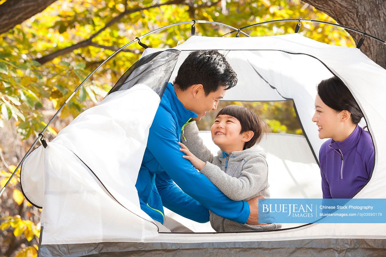 Cheerful Chinese family enjoying a camping trip