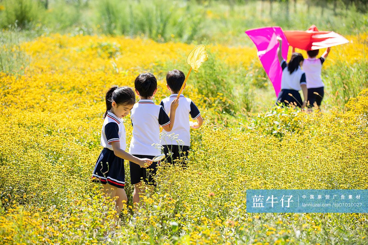 快乐的小学生在户外探索自然