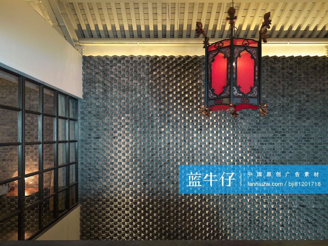 Red antique lantern above stairway