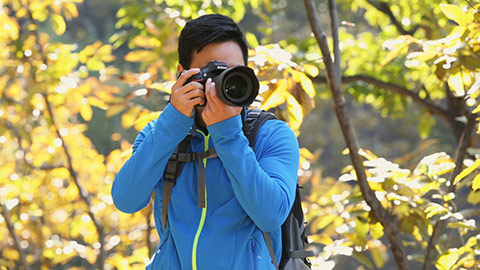 年轻男士在树林里拍照