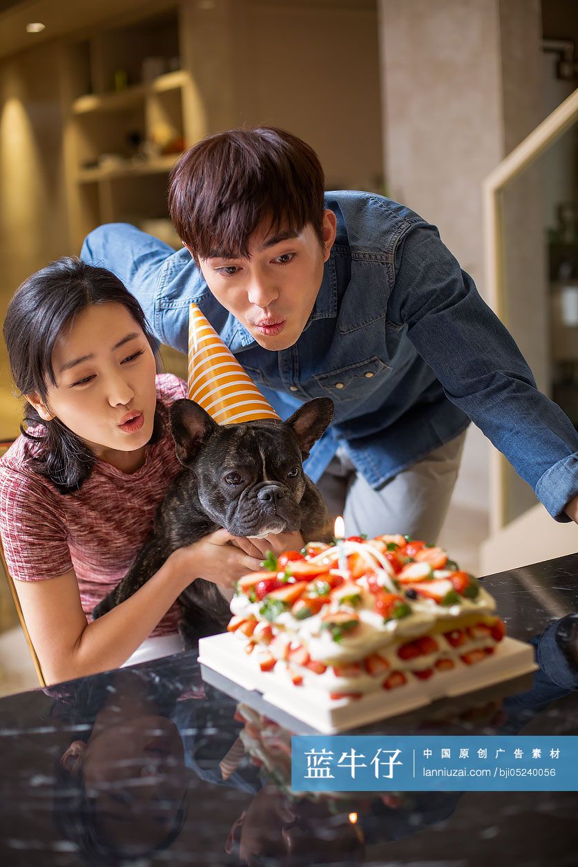 年轻情侣给宠物狗过生日
