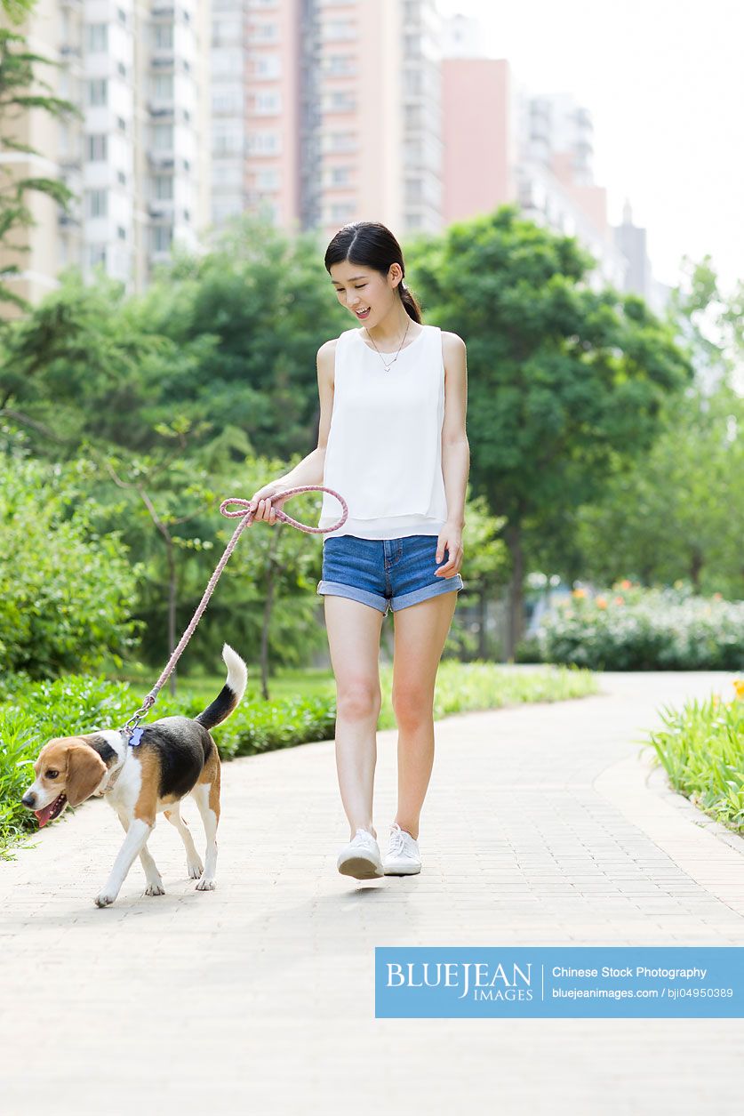 Young Chinese woman walking with a cute dog