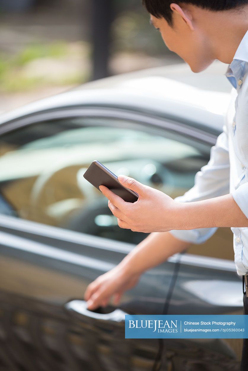 Young Chinese businessman opening car door